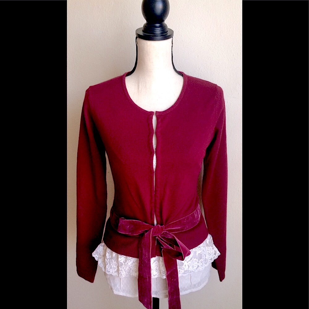Burgundy Red Cardigan Sweater: Velvet Waist Tie, Cream Lace Fringe Accent, Sz. S